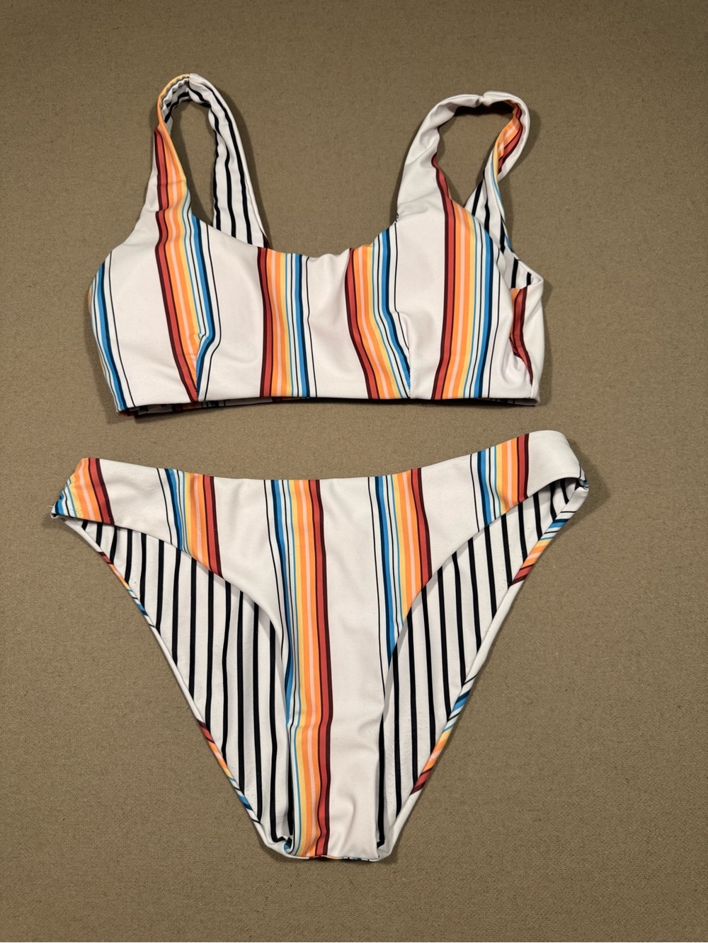 White Multi-Stripe Women's Bikini Set - High Waist Top reversible